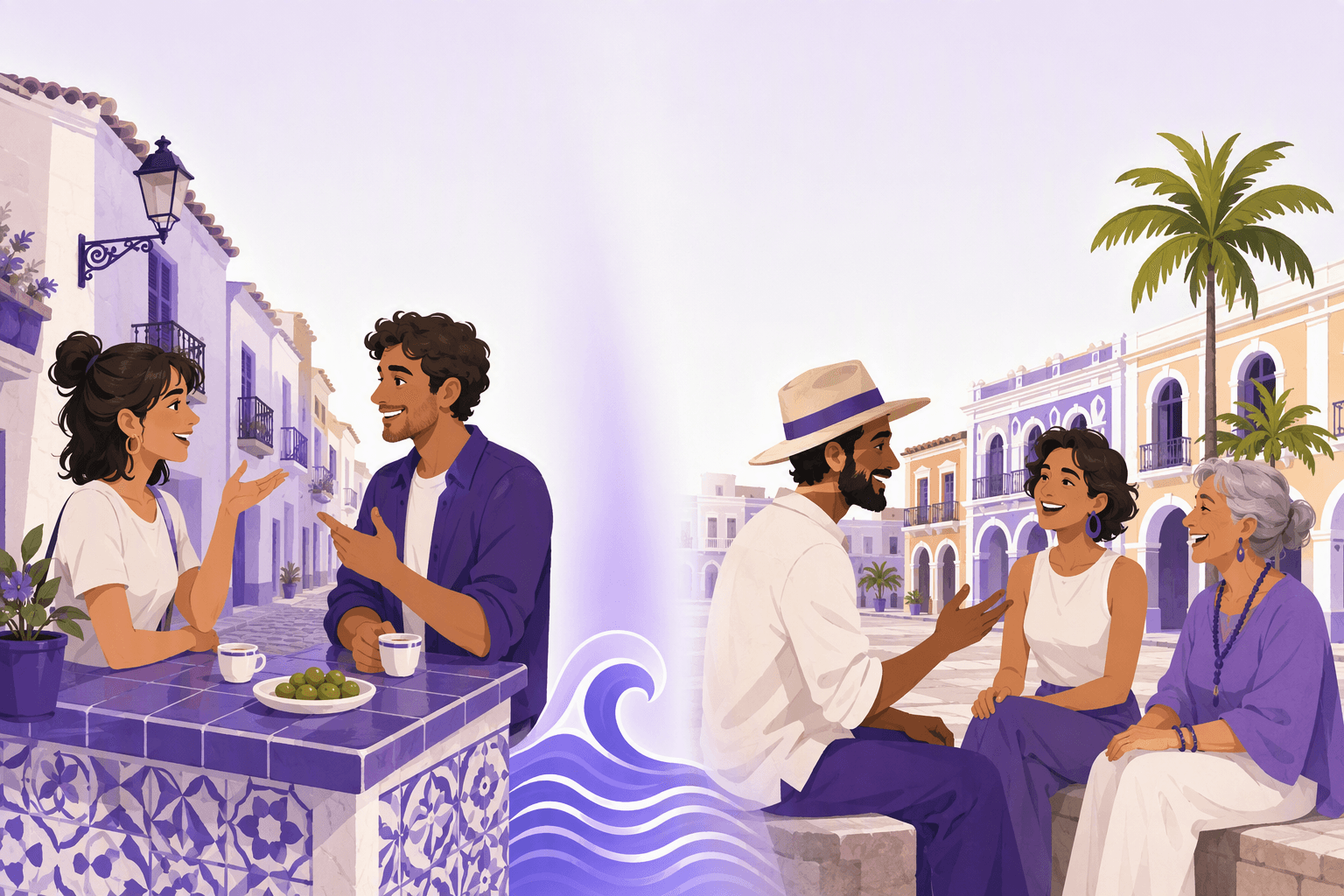 Two conversations side by side in one wide panorama: on the left, two friends talking over olives and coffee at a tiled bar counter in a narrow Spanish old-town street; on the right, three people of different ages chatting on a sunlit Latin American plaza with palm trees and pastel arcades