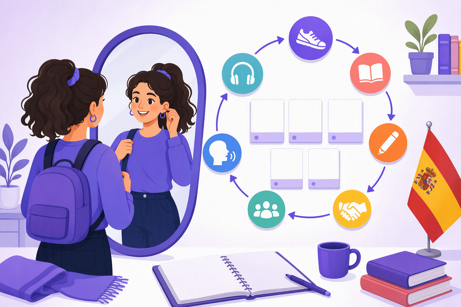 Flat-vector scene of a learner facing a mirror and performing a personal-care action, surrounded by colorful connected tokens, blank study cards, a Spanish flag accent, and an open unwritten notebook.