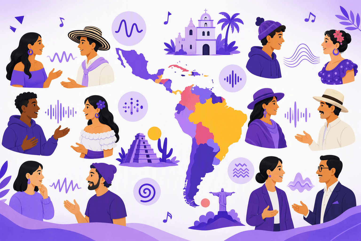 Flat-vector illustration showing Spanish-speaking regions, diverse speakers, varied sound waves, rhythm marks, contrasting pronoun cues, and formal versus casual styles to represent mutually understandable regional accents.