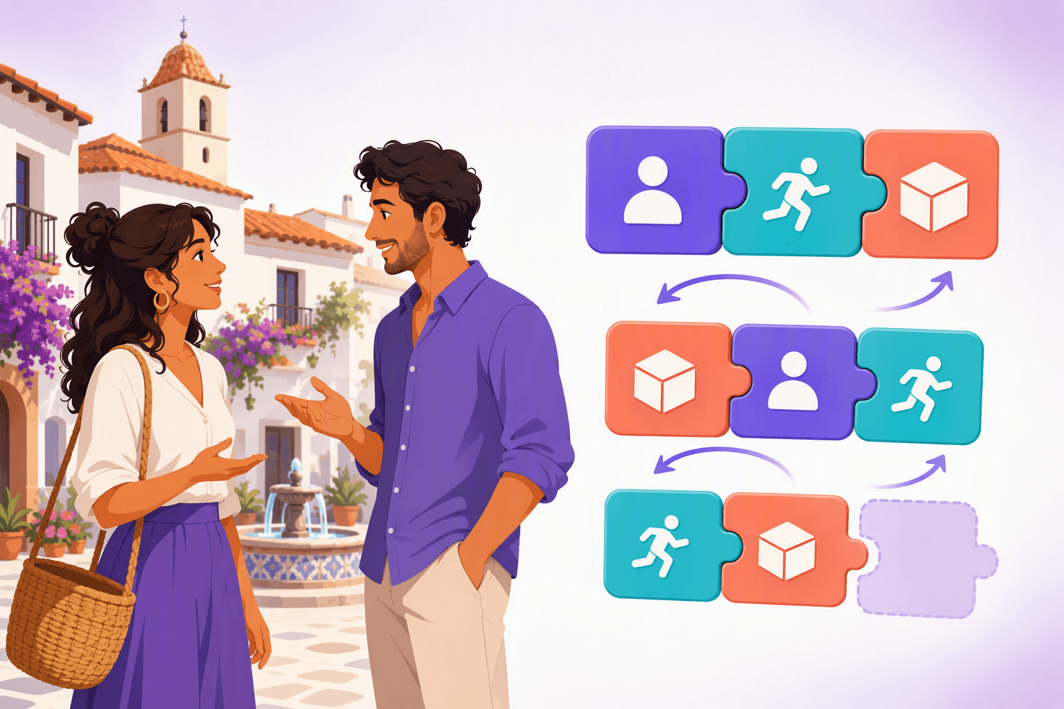 Two Spanish speakers facing each other and gesturing in a sunlit plaza, beside three floating rows of interlocking blocks that carry the same person, action and object icons in a different order in each row, with the final row leaving one slot empty, a visual metaphor for flexible Spanish word order and dropped subjects