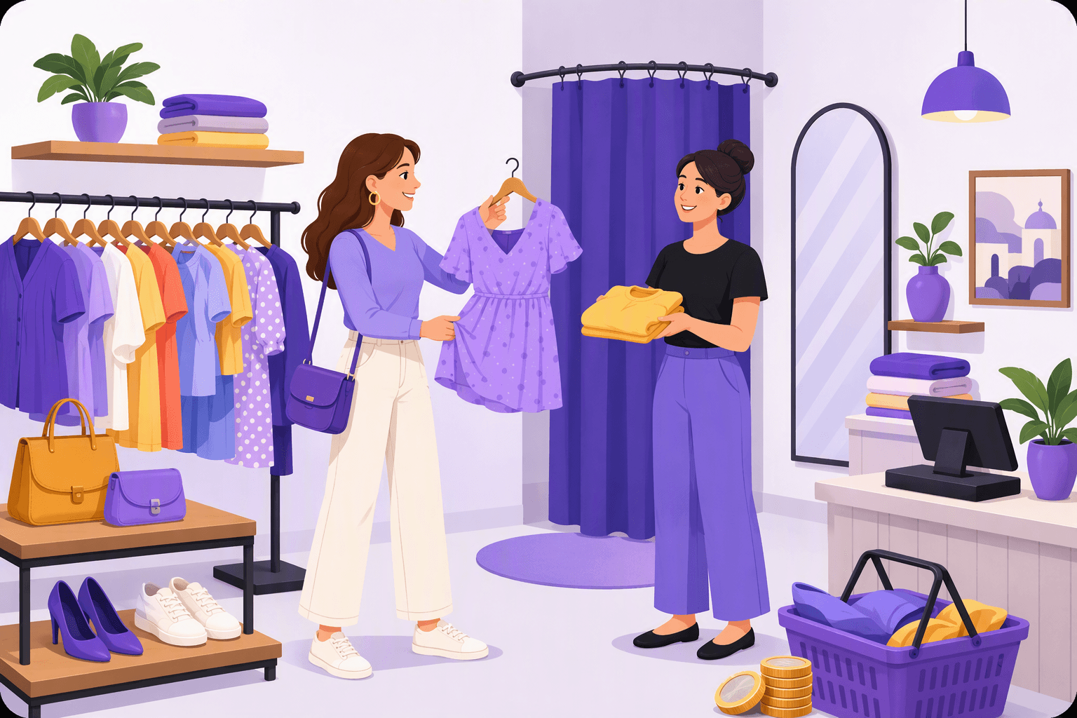 Flat-vector scene of a shopper browsing clothes in a store as a shop assistant holds a folded shirt nearby, with fitting-room, mirror, basket, shoes, cash register, and euro coins visible.