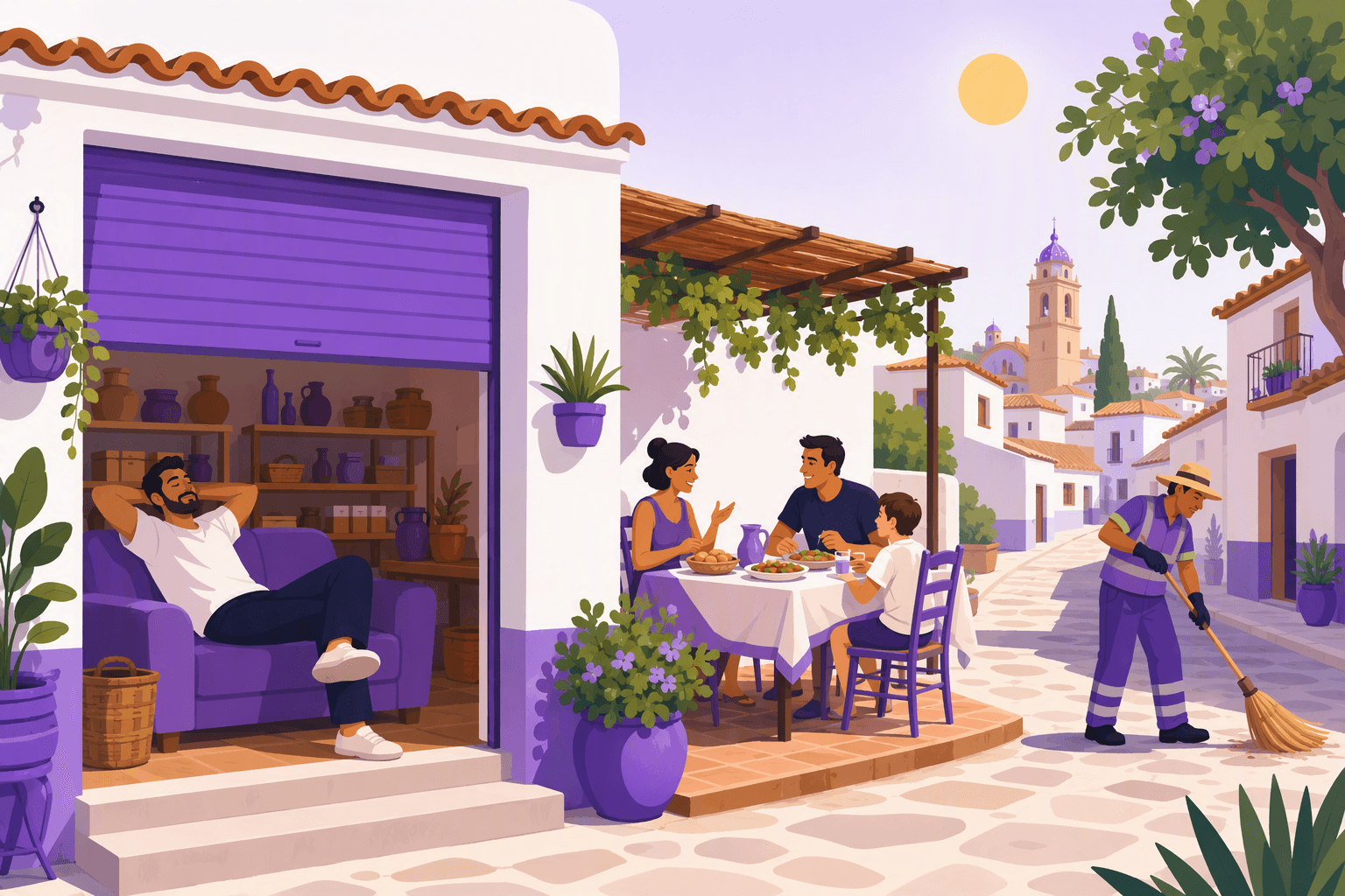 Flat-vector illustration showing that siesta culture in Spain is an occasional early-afternoon rest linked to hot weather, family businesses, late meals, and smaller-town routines rather than a daily habit for everyone.