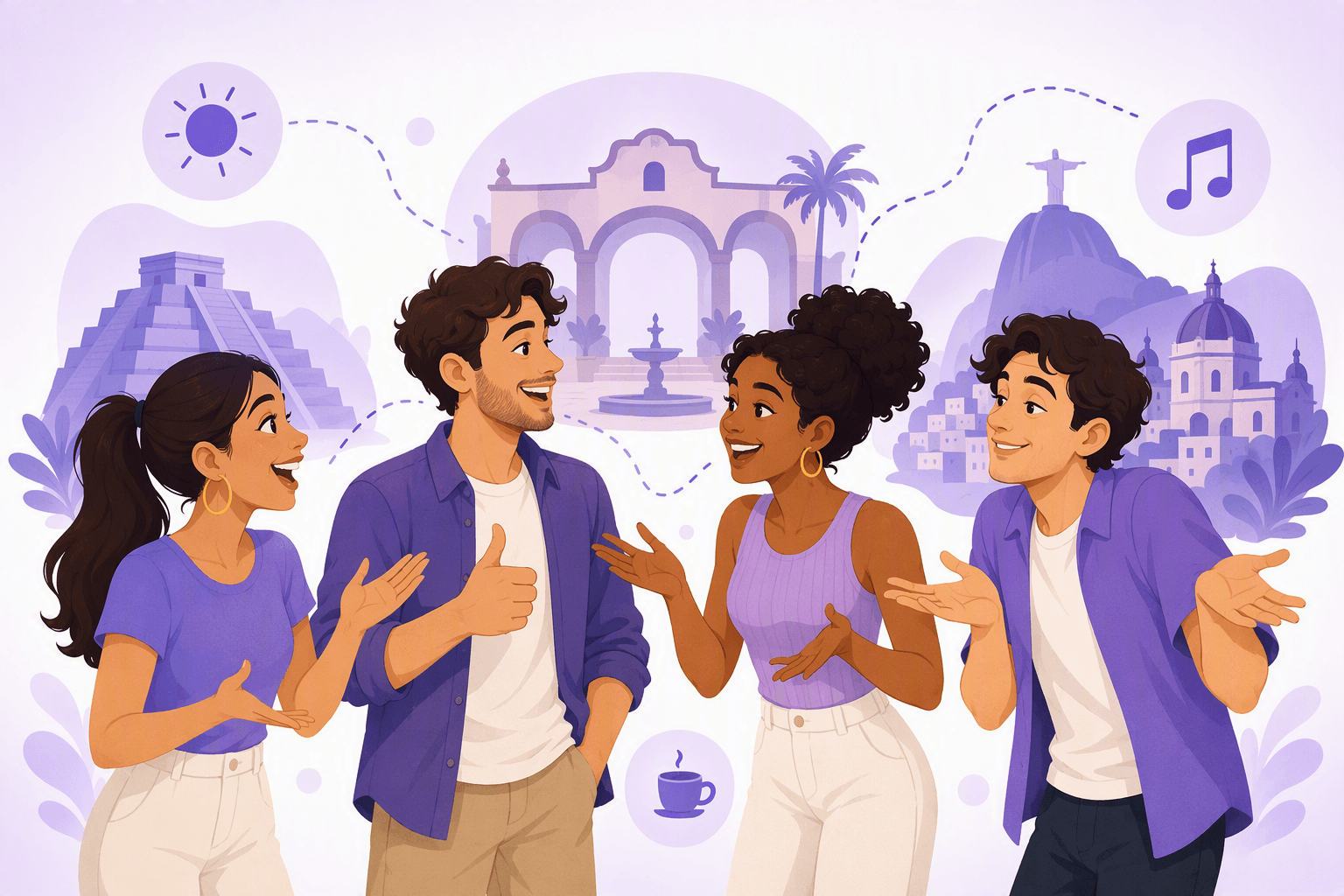 Four young people talking and gesturing in a relaxed circle, with soft silhouettes of Spanish and Latin American landmarks behind them, illustrating how Spanish slang changes by region