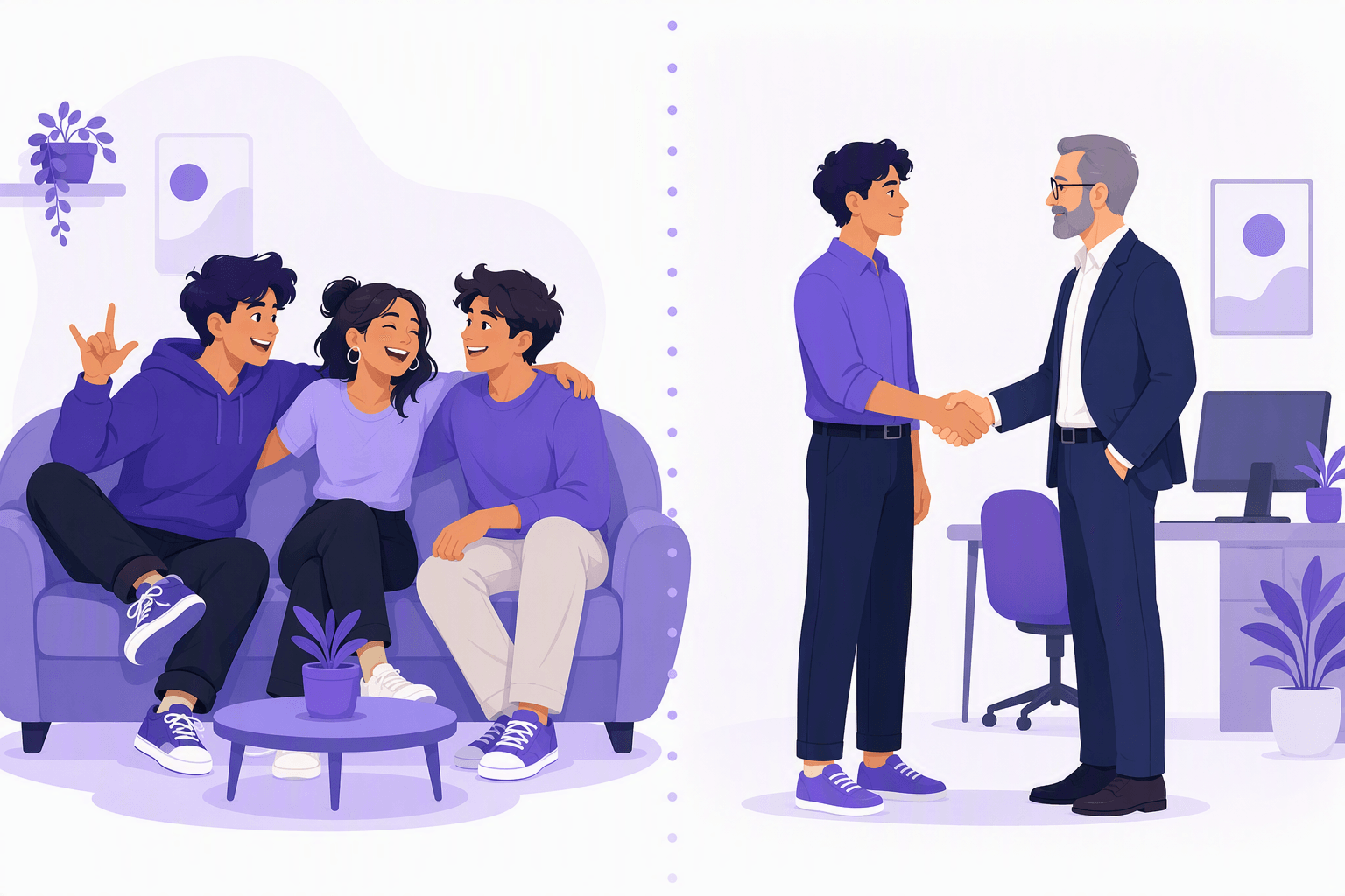 Split illustration: on one side three friends laugh together on a sofa with relaxed body language, on the other the same person greets an older colleague politely in an office, showing how slang depends on distance and setting