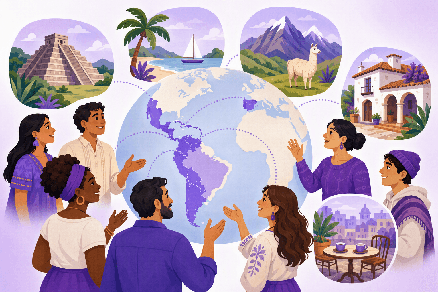 Illustrated globe showing the Spanish-speaking countries of the Americas and Spain, surrounded by regional scenes and people greeting each other