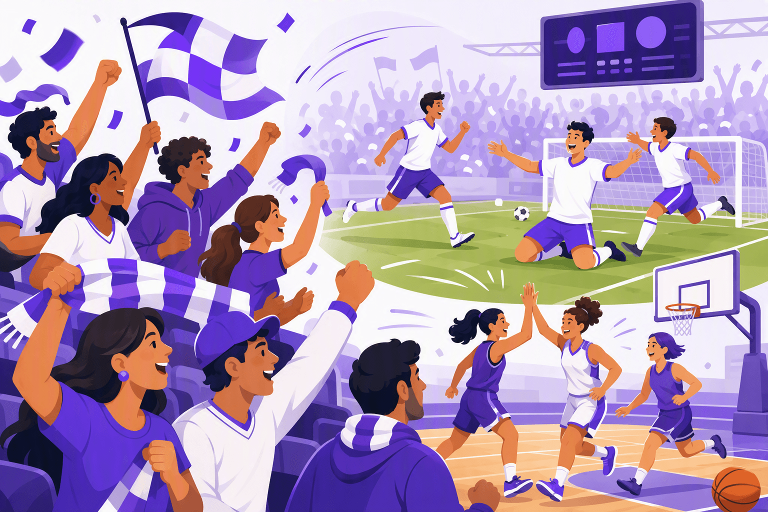 Flat-vector scene of cheering fans in stadium stands as football and basketball players celebrate a goal and encourage one another on a field and court, surrounded by scarves, flags, and abstract scoreboard shapes.