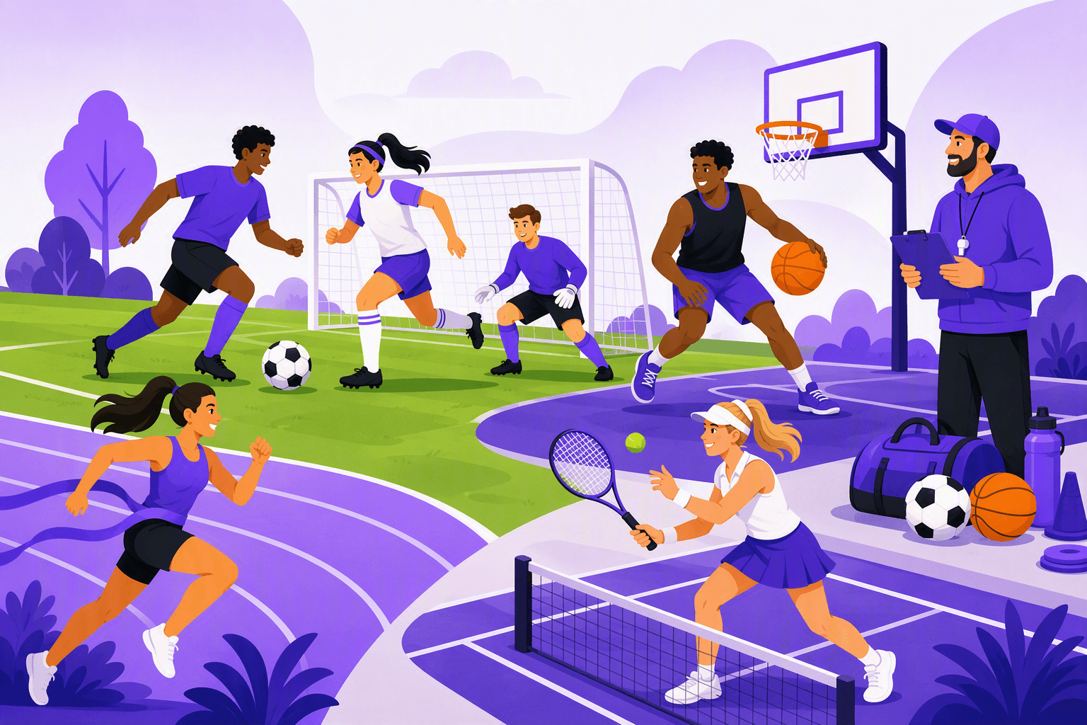 Flat-vector illustration of diverse athletes playing soccer, basketball, tennis, and running near a coach, goal, hoop, track, balls, racket, and sports equipment.