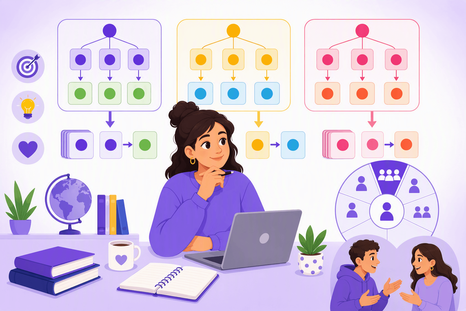 Flat-vector illustration of a learner studying Spanish stem-changing verbs through three vowel-change diagrams, transforming verb tiles, a conjugation wheel highlighting the unchanged nosotros form, and conversation symbols.