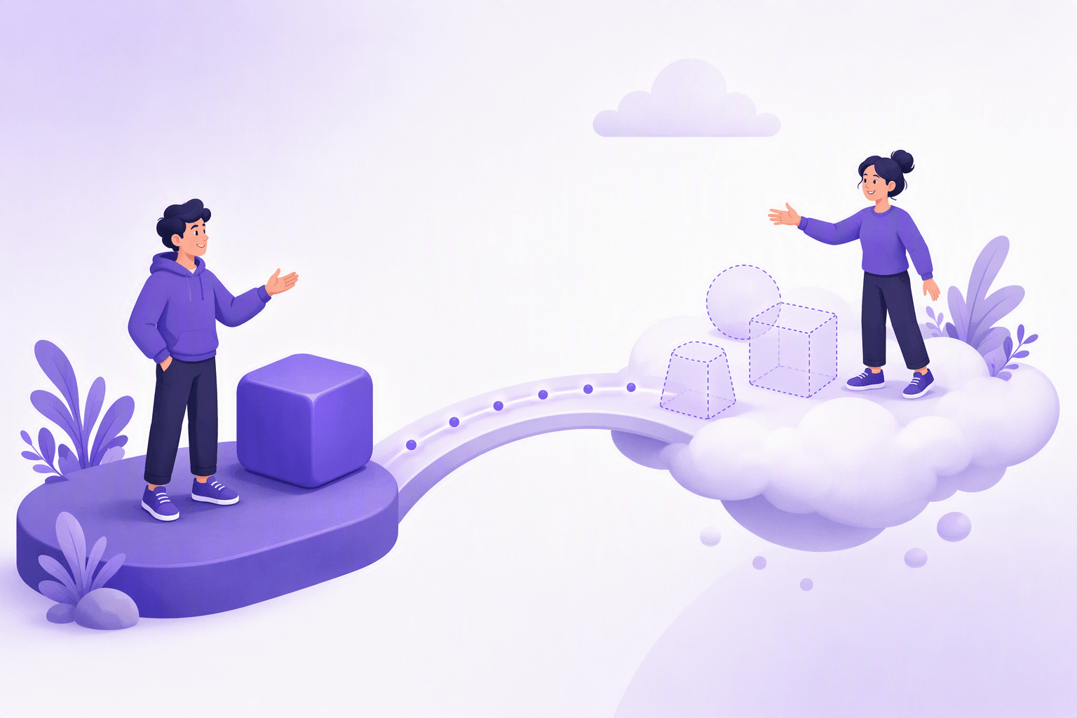 A speaker standing on a solid ground platform beside a solid cube, linked by an arched bridge to a second speaker on a floating cloud island holding dotted-outline shapes, illustrating how a stated fact connects to a clause that is only wished or imagined