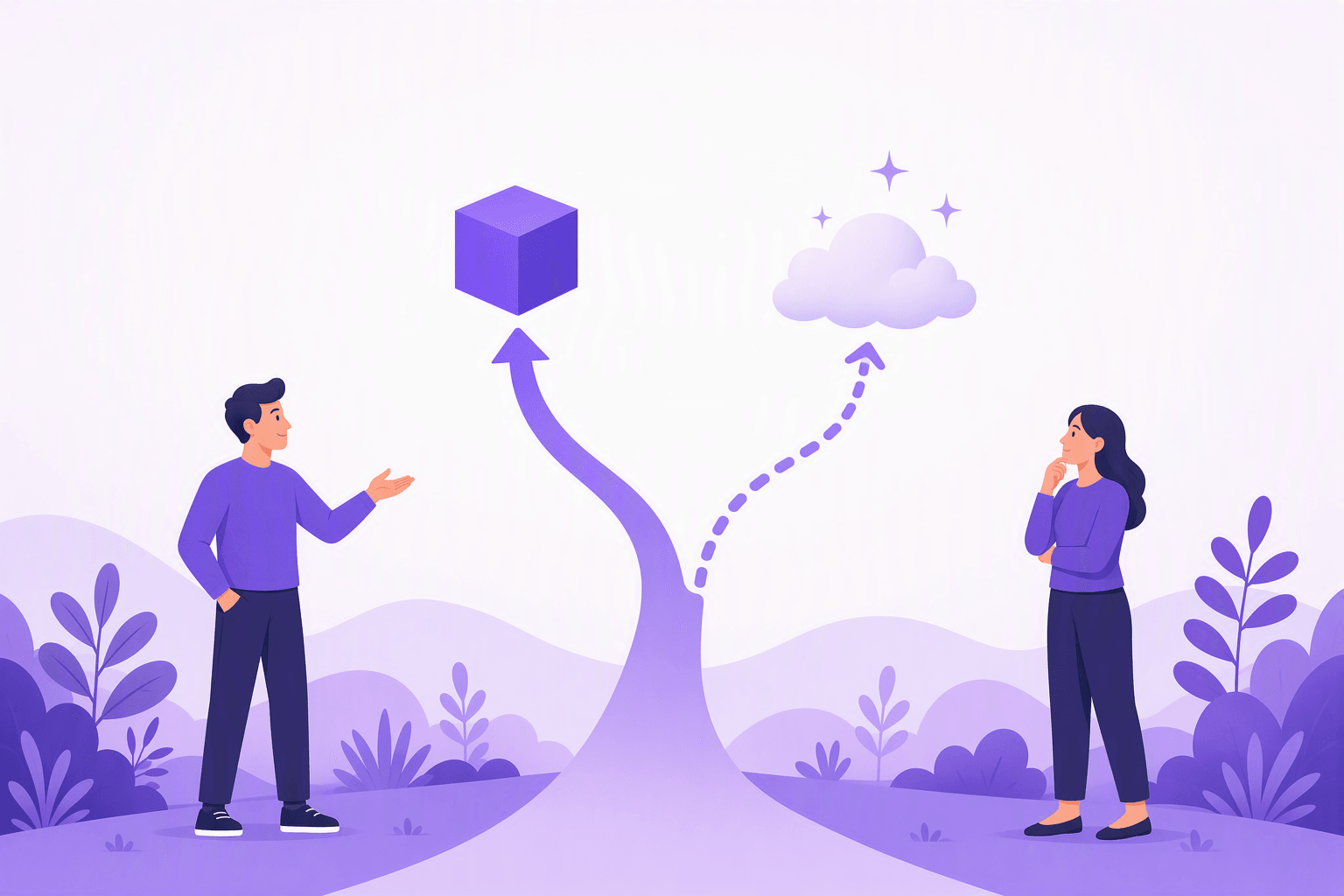 Two speakers with a path splitting into a solid branch toward a solid block and a dotted branch toward a cloud, showing the fact versus non-fact contrast behind the Spanish subjunctive