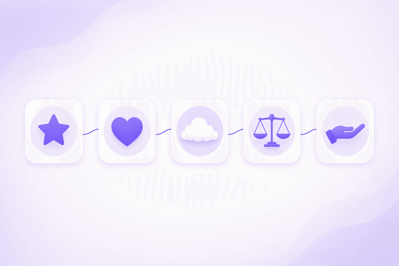 Five rounded icon badges in a row - a star, a heart, a cloud, a balance scale and an open hand - standing for desire, emotion, doubt, judgment and influence