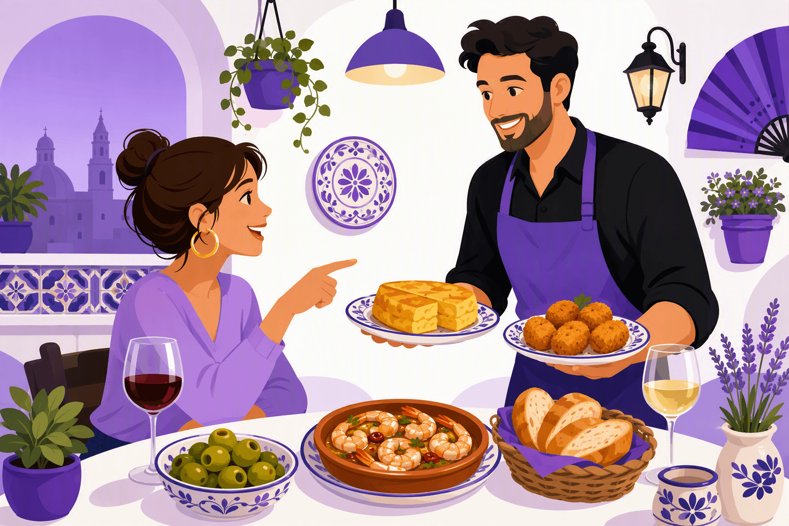 A customer orders tapas from a server at a Spanish bar table surrounded by tortilla española, croquetas, gambas al ajillo, olives, bread, ceramic plates, and wine glasses.