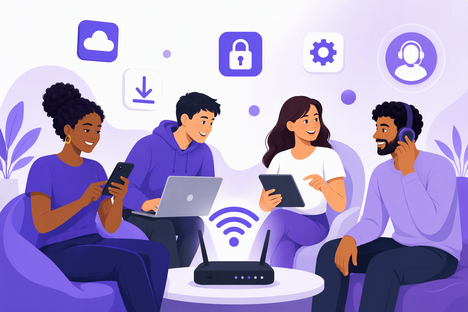 Flat-vector illustration of diverse people using a smartphone, laptop, and tablet near a Wi‑Fi router, surrounded by symbols for apps, downloading, passwords, updates, cloud storage, and technical support.