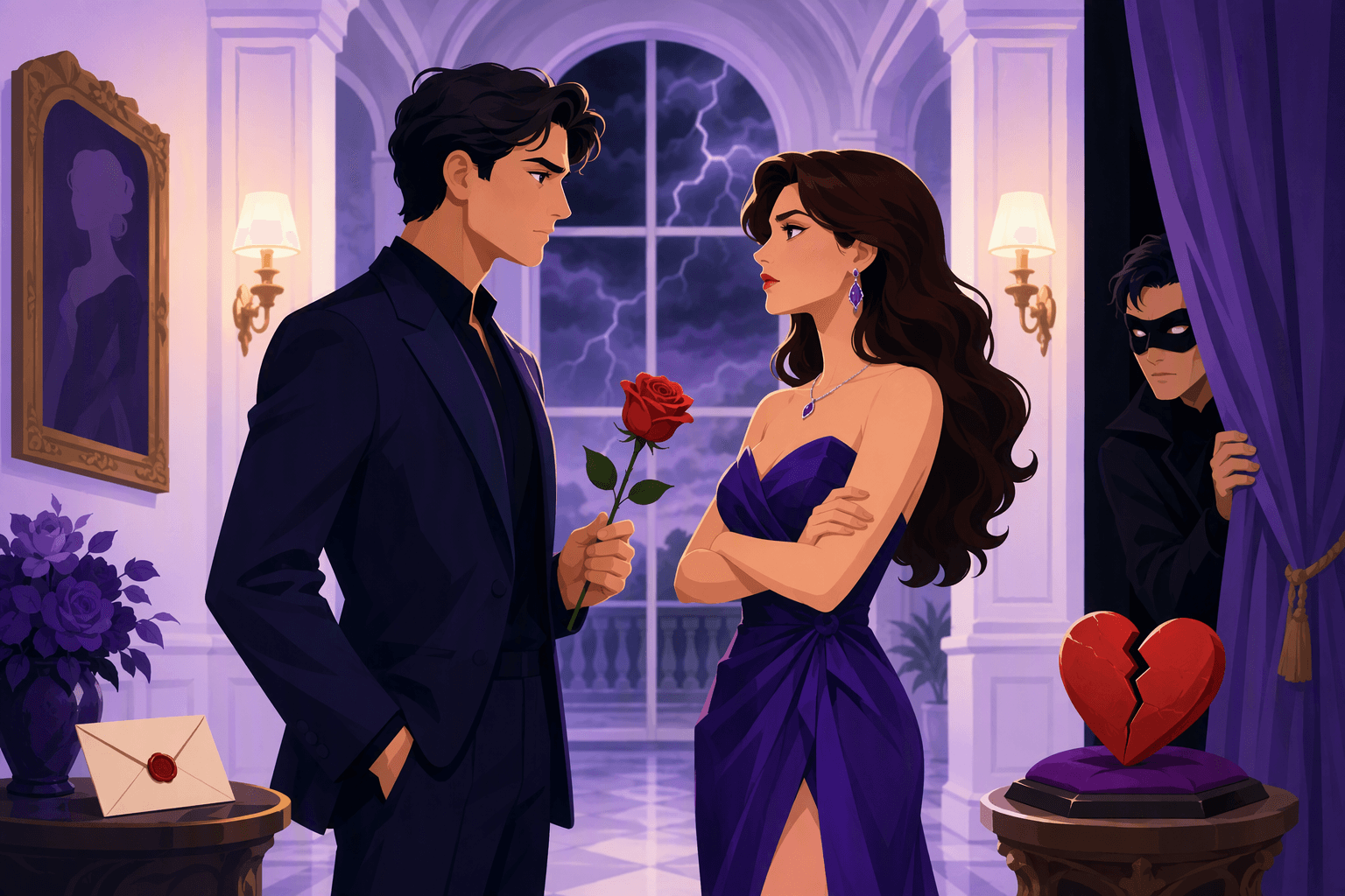 Flat-vector scene showing a dramatic couple in a mansion hallway, a masked antagonist, a red rose, a cracked heart, a sealed envelope, and storm clouds outside.