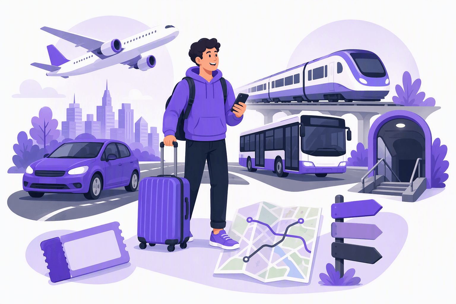 Flat-vector illustration of a traveler with luggage near a road and map, accompanied by a car, bus, train, subway entrance, airplane, ticket, and blank directional signs.