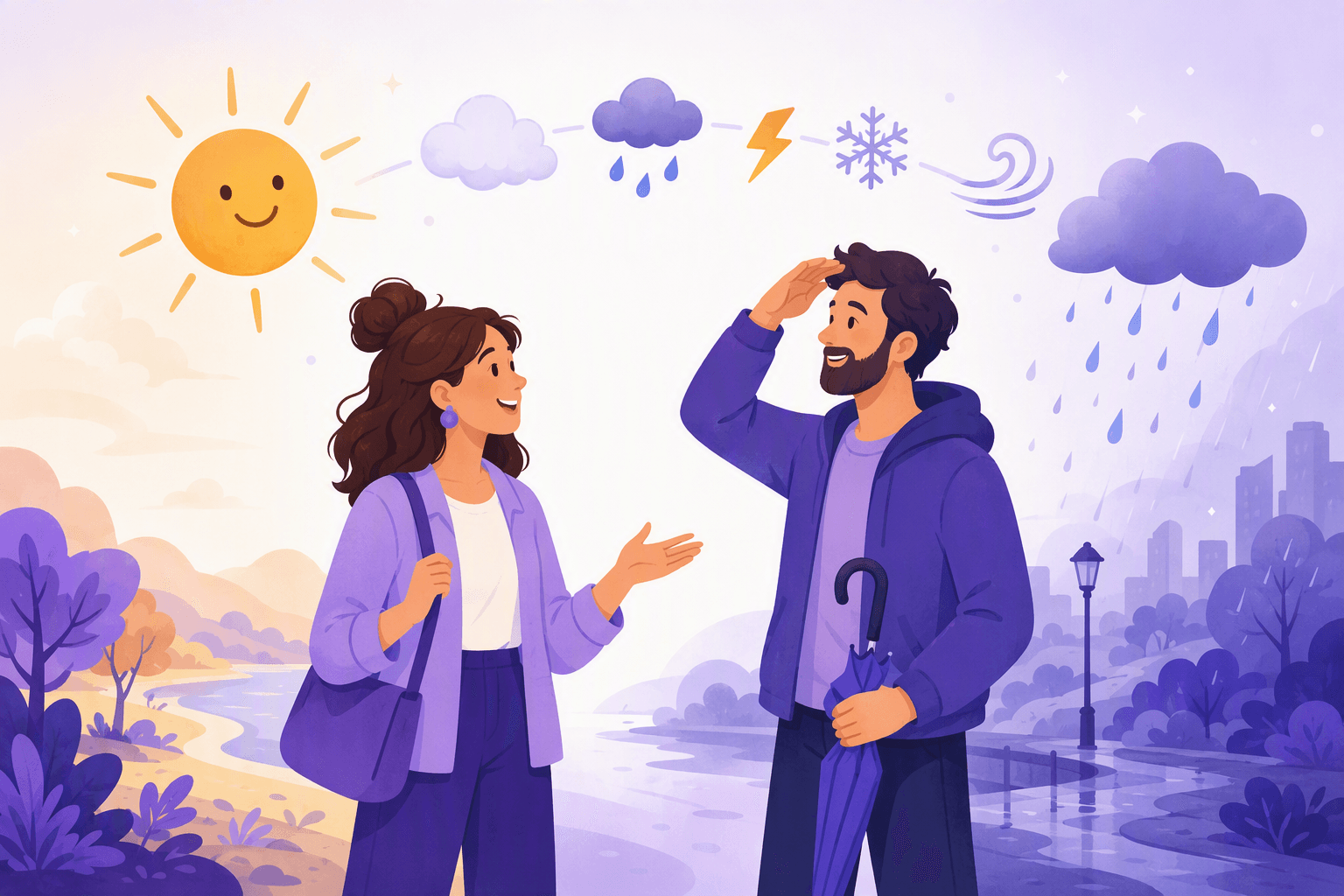 Two friends chatting outdoors between a sunny side and a rainy side, surrounded by sun, cloud, rain, lightning, snow and wind symbols