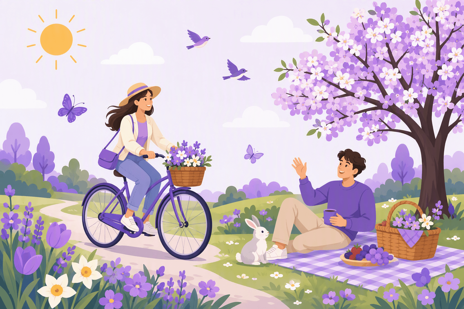 Flat-vector illustration of a sunny spring meadow with clouds, blooming flowers, a flowering tree, butterflies, birds, a rabbit, and a person in light clothing riding a bicycle beside a picnic blanket and basket.