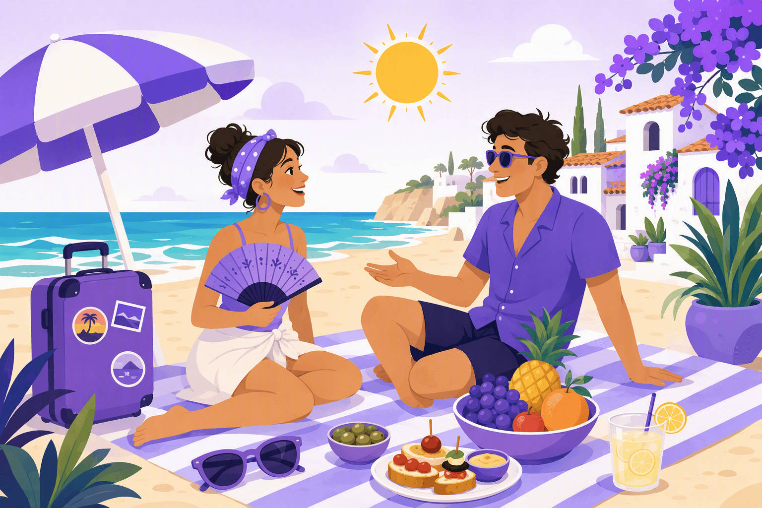 Flat-vector illustration of a sunny beach with turquoise water, an umbrella, sunglasses, a towel, a suitcase, a Spanish fan, tropical fruit, tapas, and lemonade.