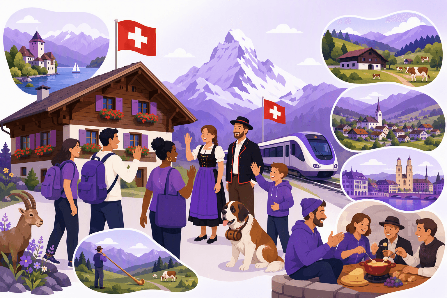Flat-vector illustration of visitors and Swiss locals greeting near a chalet with Swiss flags, Alpine mountains, a village train, and regional landscape scenes representing Swiss German dialects and culture.