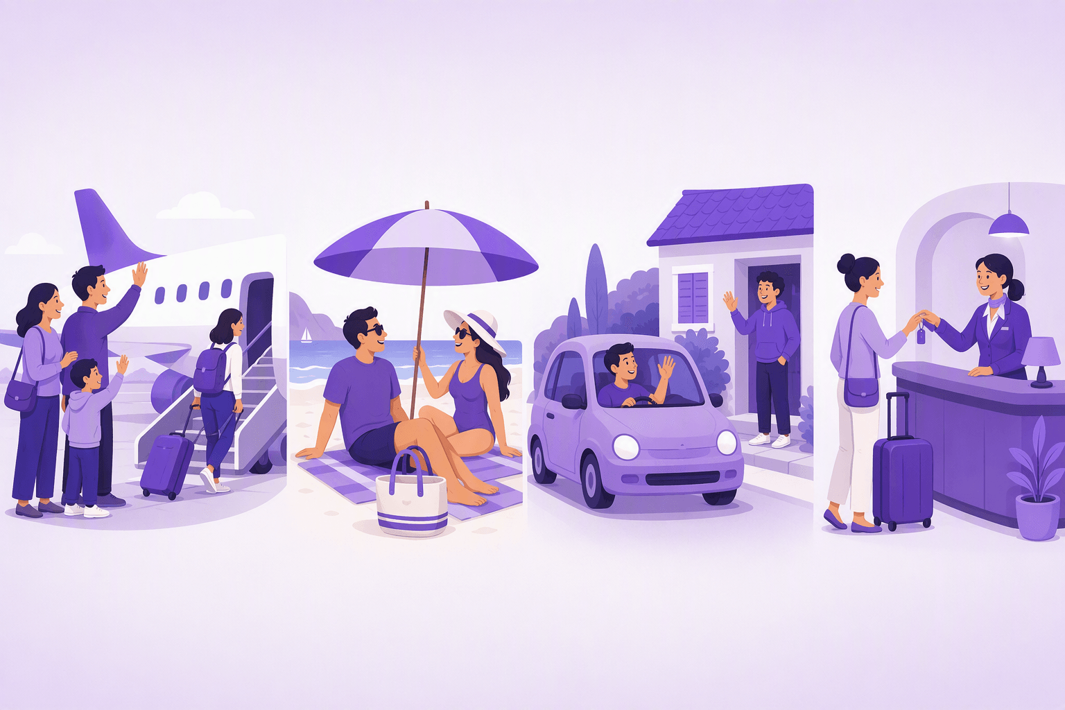 Four travel send-off situations: boarding a plane, a beach holiday, driving away from a house, and checking into a hotel