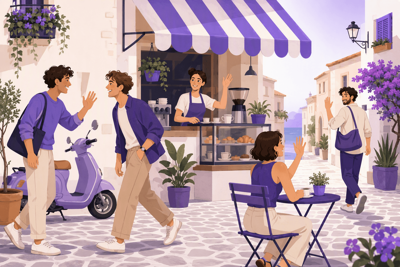 Friends greeting each other with a wave outside an Italian street cafe while another person waves goodbye from the table