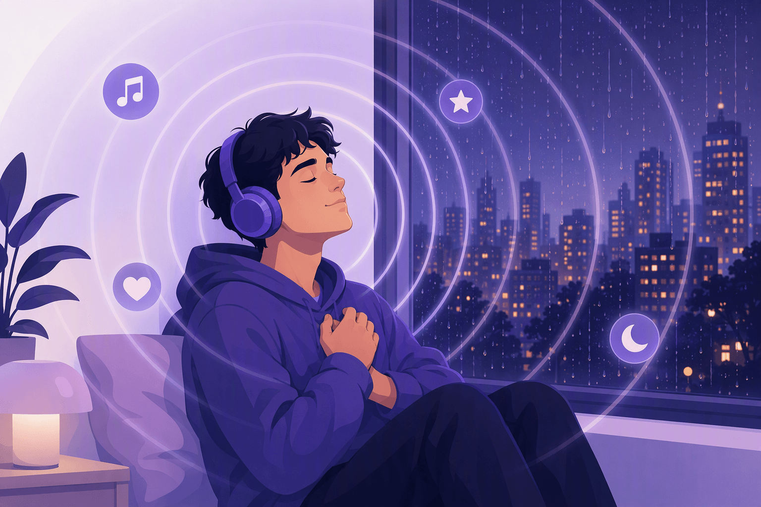 A young person listening to music through headphones by a rainy night window, with ripples of sound spreading outward to show an experience landing much harder than usual