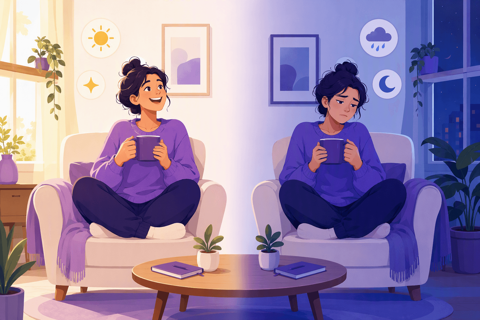 The same person holding the same mug in two halves of one room: bright morning light and a delighted expression on one side, cool evening light and a wistful expression on the other