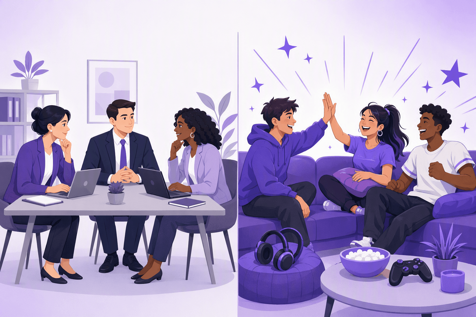 Split illustration: a calm formal office meeting on one side, friends laughing and high-fiving on a sofa on the other