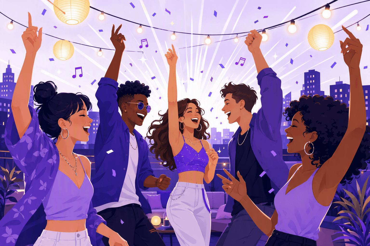 Friends dancing with raised arms at a rooftop party under glowing string lights, confetti and music notes in the air
