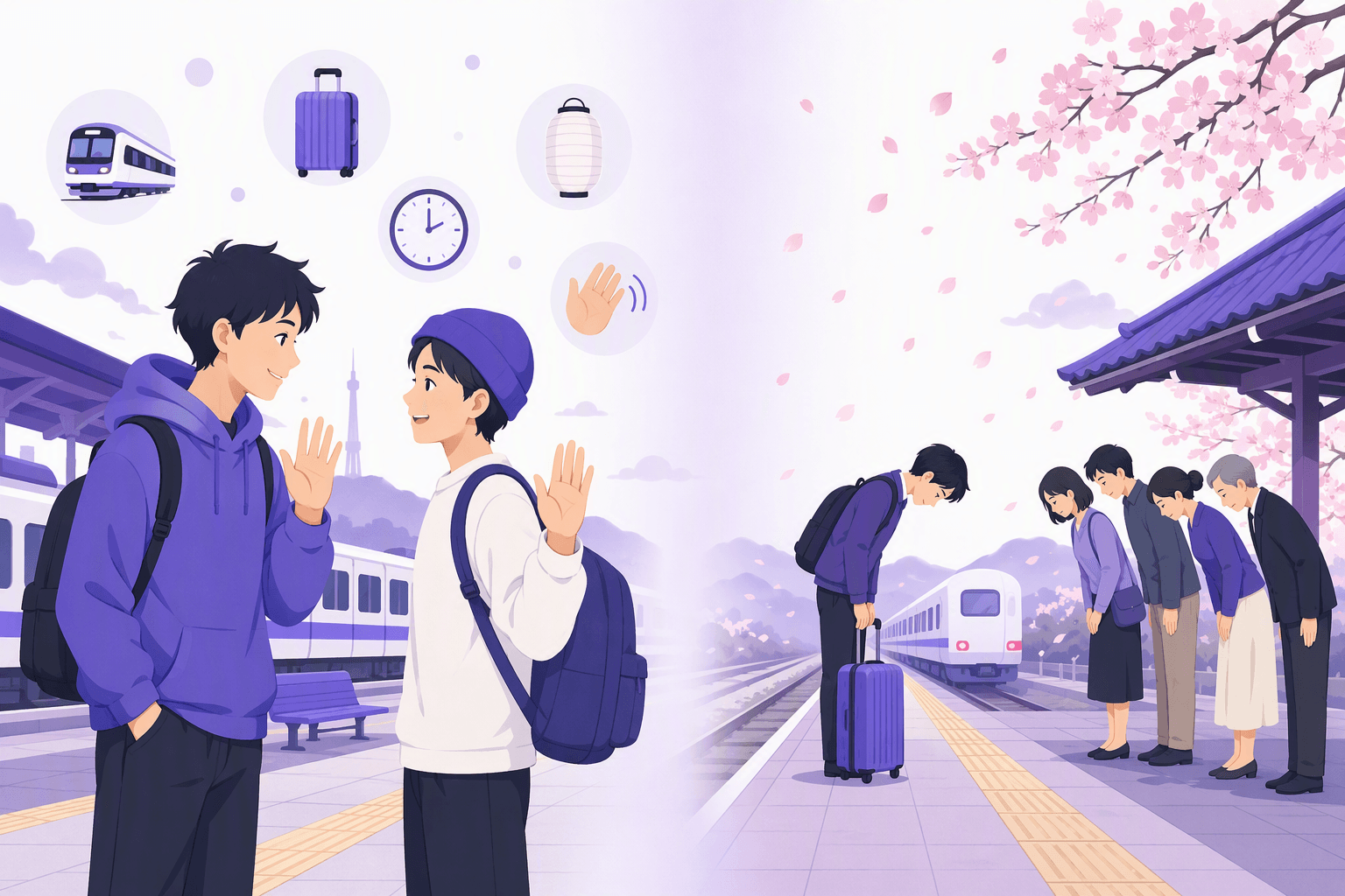 Two friends waving casually on a station platform beside a traveller bowing formally to a group as a train departs, illustrating the difference between an everyday Japanese goodbye and a final one
