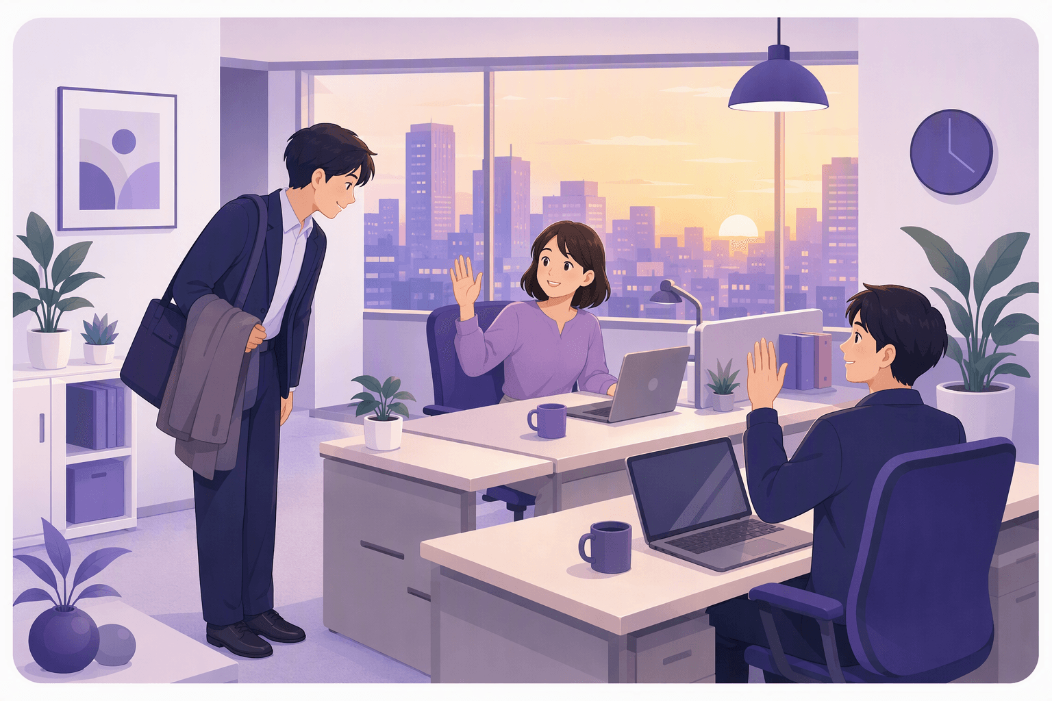 An office worker with a bag and coat bowing slightly to two colleagues still at their desks, who look up and raise a hand in reply as the sun sets over the city