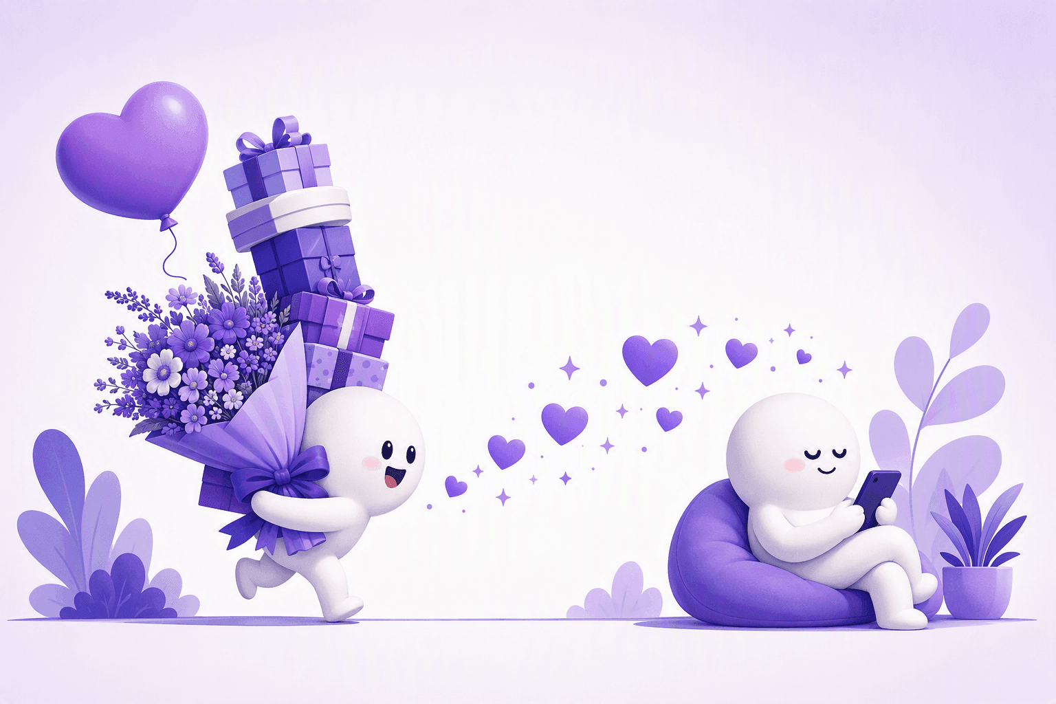 Cartoon character carrying an oversized bouquet and a tall stack of gifts toward a relaxed person scrolling on a phone, with hearts drifting in only one direction