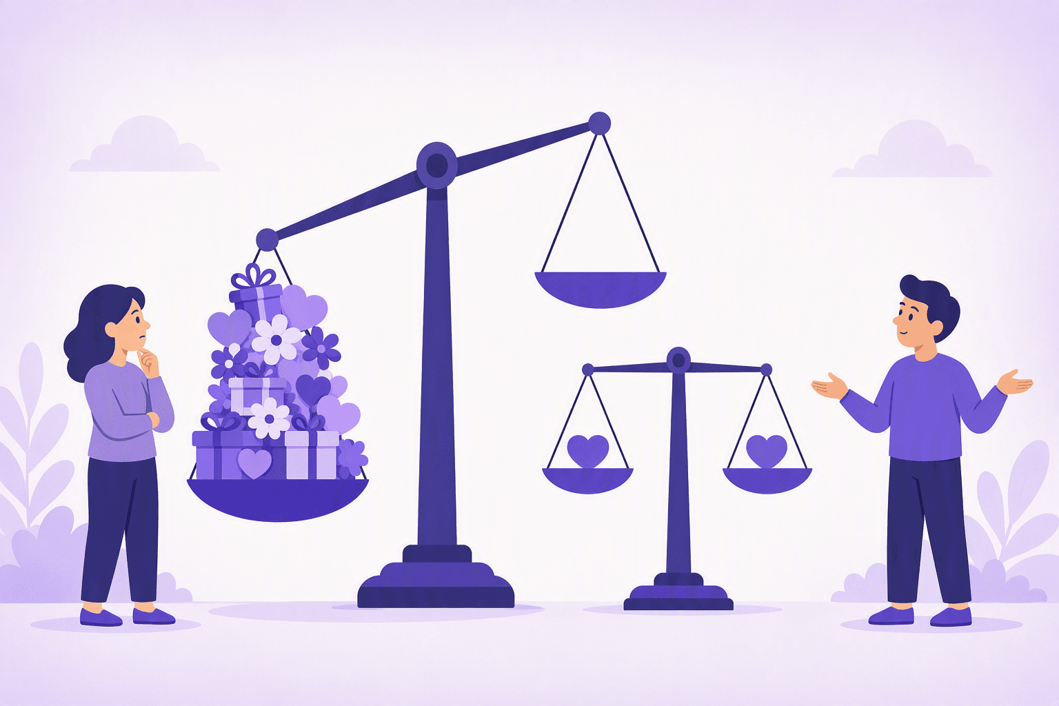 A balance scale tipped over by a heap of gifts, flowers and hearts on one pan while the other pan sits empty, next to a second scale resting level with a single heart on each side