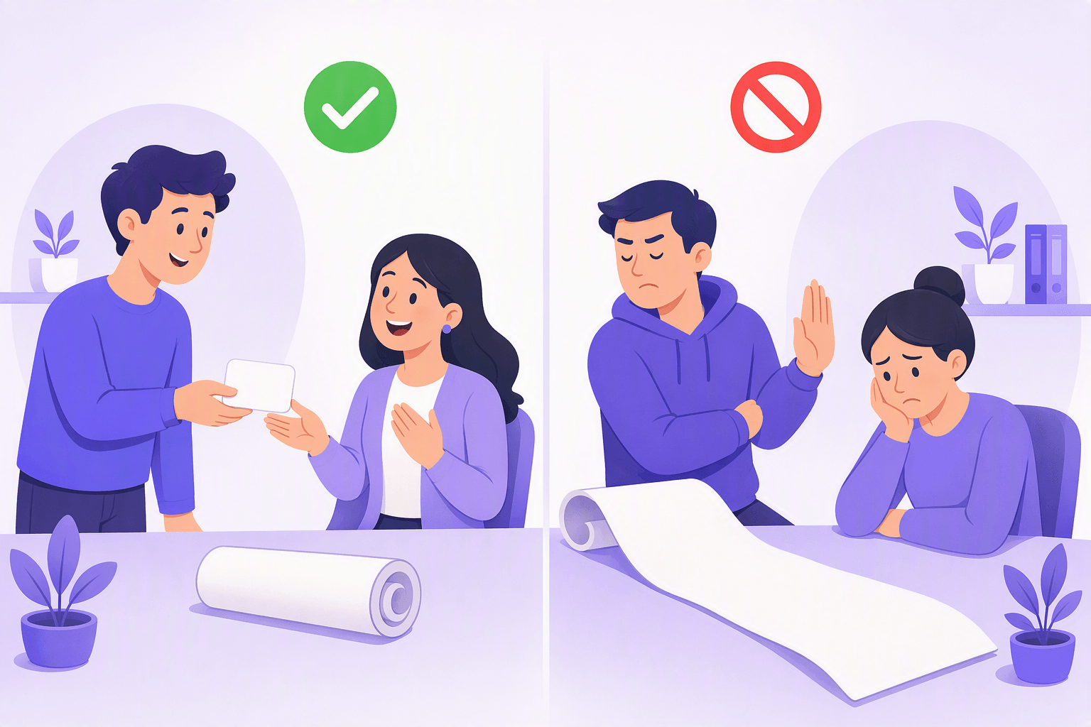 Split scene: on the left a person hands a small blank card to a grateful reader under a green check icon, on the right a person raises a dismissive palm over a long unrolled scroll while the writer slumps, under a red prohibition icon