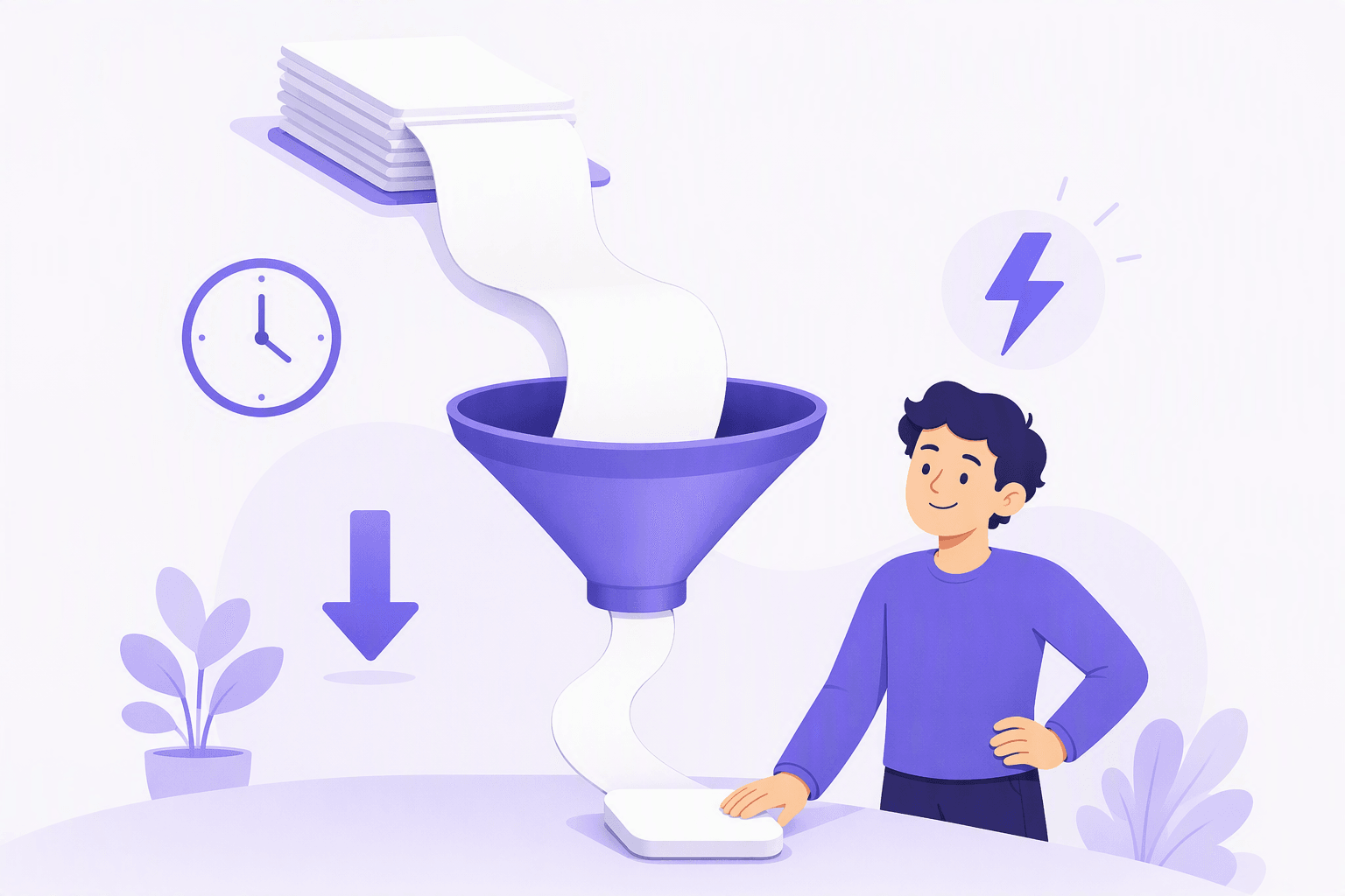 A long blank paper scroll unrolls from a stack of documents, passes through a funnel and comes out as one small compact card, while a relaxed person rests a hand on it beside a clock and a lightning icon