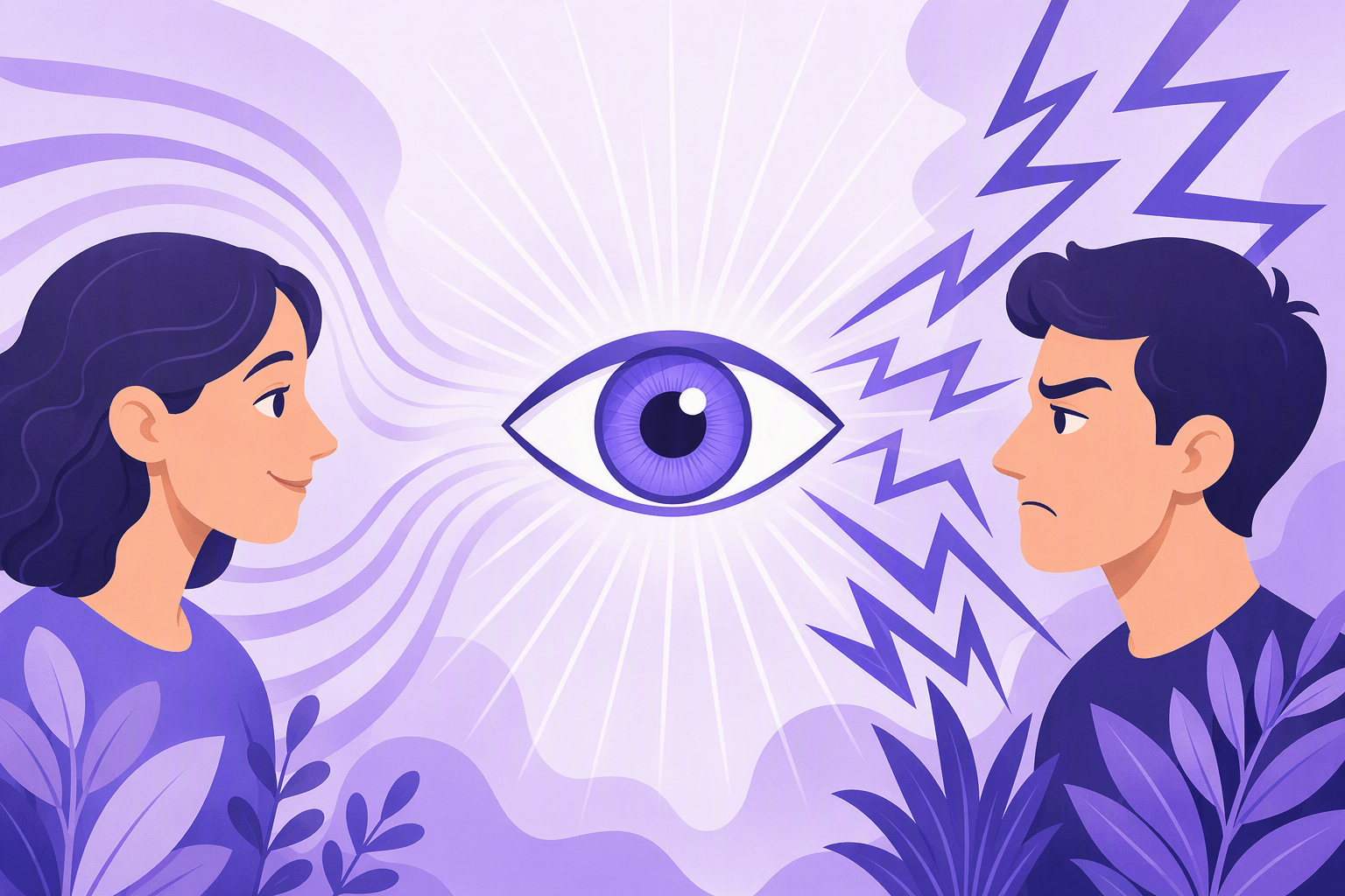 Flat vector illustration of an open eye radiating light between two people facing each other in profile, one calm against smooth flowing lines and one frowning against spiky lightning shapes, symbolizing how the word woke can be heard in two different tones
