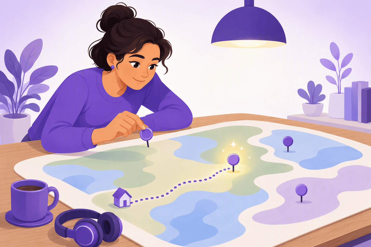 Un apprenant penché sur une grande carte abstraite étalée sur une table en bois sous une douce lampe suspendue, tenant une petite épingle-marqueur ronde juste au-dessus de la surface : la carte ne montre que des taches arrondies de terre et d'eau sans frontières ni indications de lieux, trois épingles candidates simples s'y trouvent déjà, et un itinéraire en pointillés courbe part d'un petit repère de maison arrondi vers une épingle qui brille chaleureusement, tandis qu'une tasse et un casque reposent au coin proche de la table