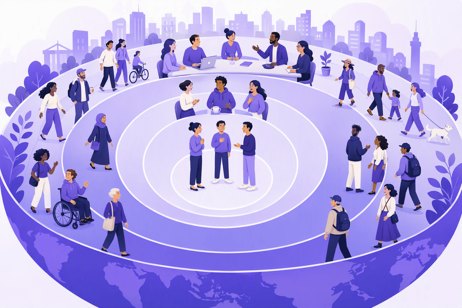 A learner at the centre of widening circles of conversation, from a one-to-one greeting out to a small group, a cafe table, a work meeting and finally a busy international street