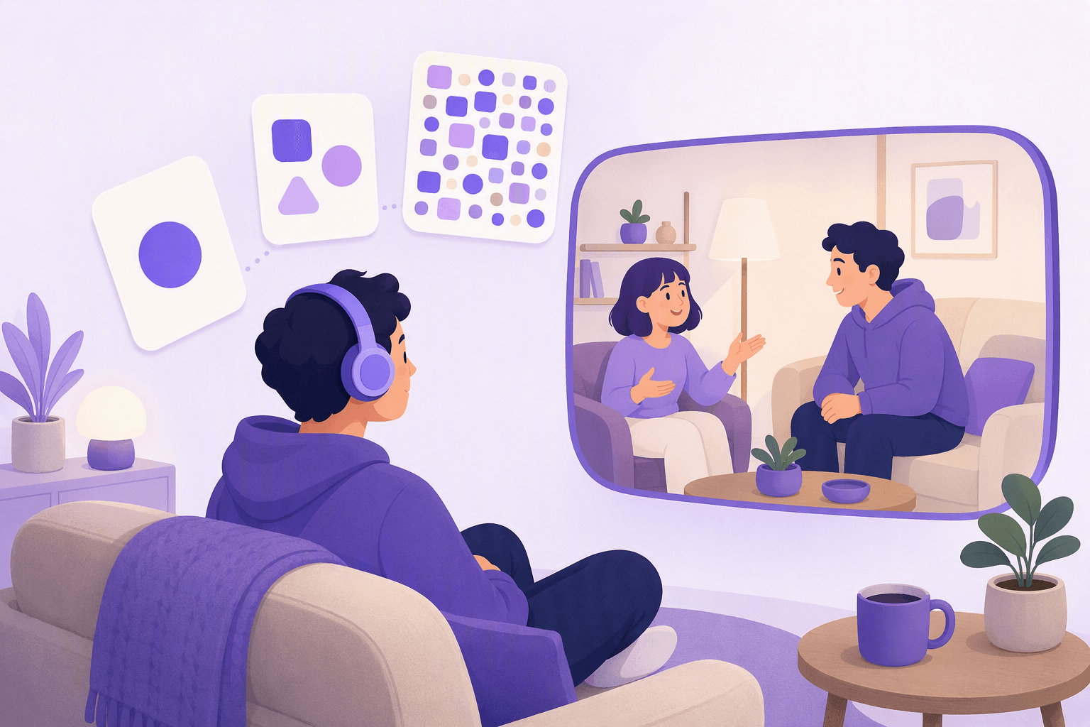 A learner in headphones watching a calm dialogue scene on screen, with three floating cards that grow busier to show material getting gradually denser