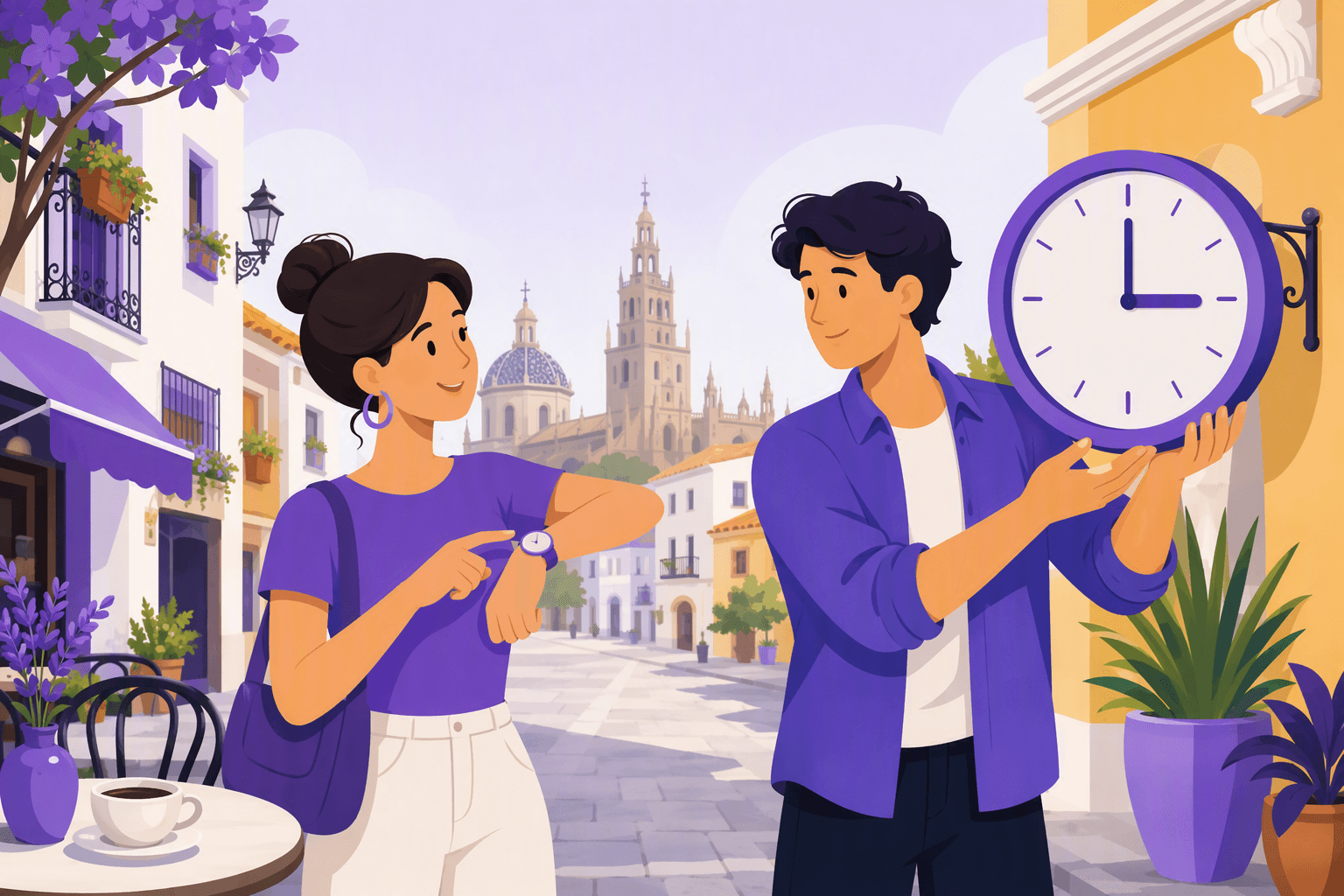 Two people in a sunny Spanish city street scene discuss the time while one points to a wristwatch and the other checks a large clock showing three o’clock.