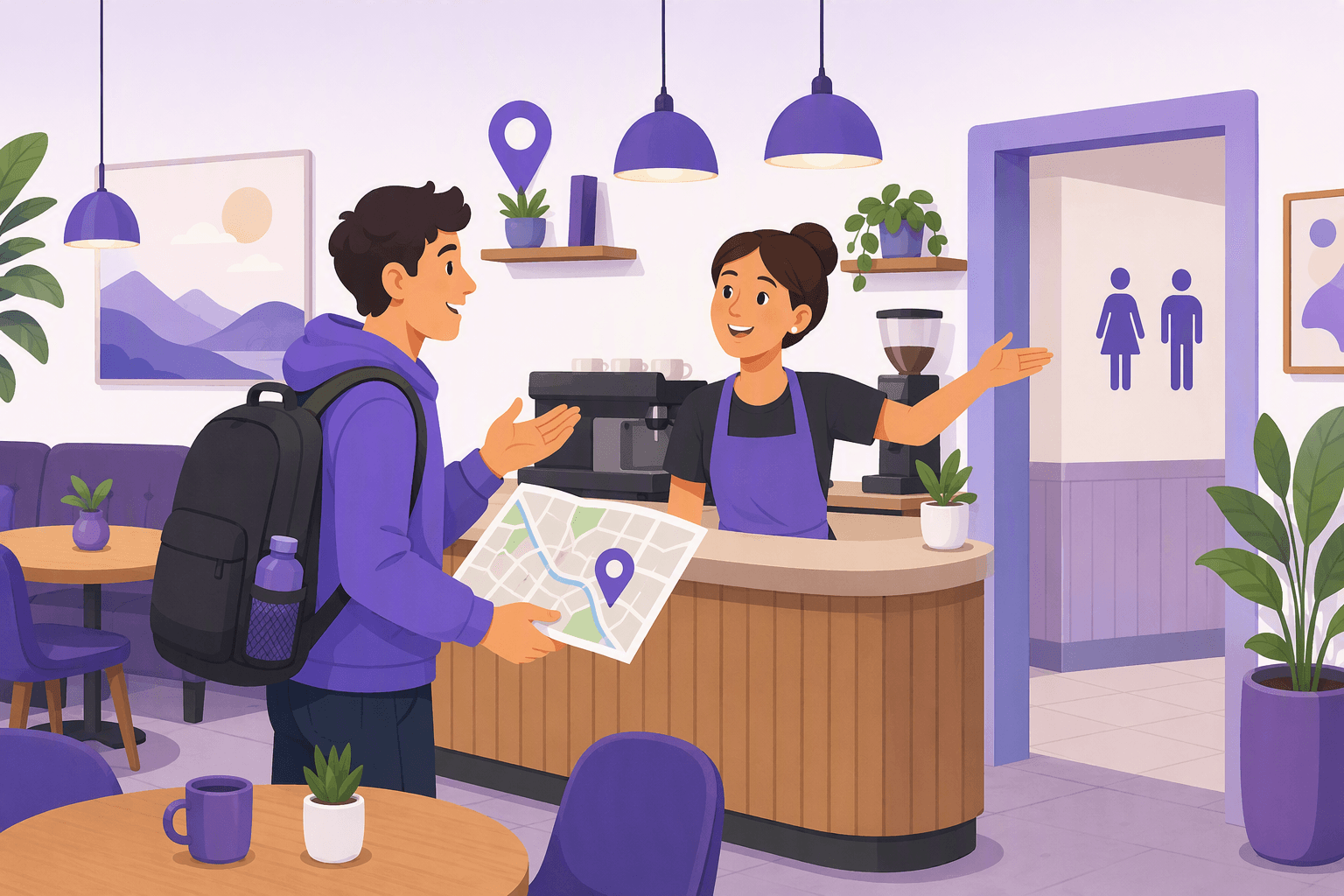 Flat-vector illustration of a traveler asking a café staff member where the restroom is while a nearby doorway displays universal male and female restroom icons.
