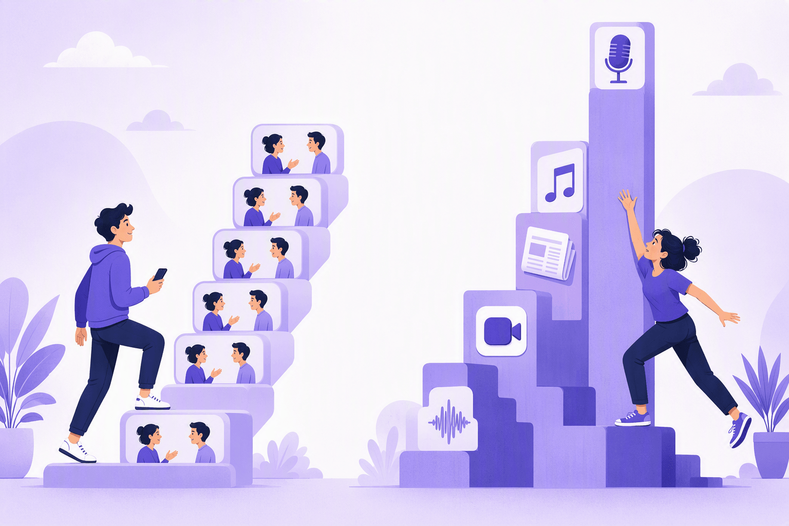 Two staircases side by side: on the left an even staircase of identical steps, each step carrying a small rounded frame of two characters talking face to face, climbed comfortably by a learner holding a phone; on the right a jagged staircase of wildly uneven steps topped by separate icon tiles for a microphone, a music note, a folded news sheet, a video camera and a sound wave, where a second learner stretches off balance toward a step far above her reach