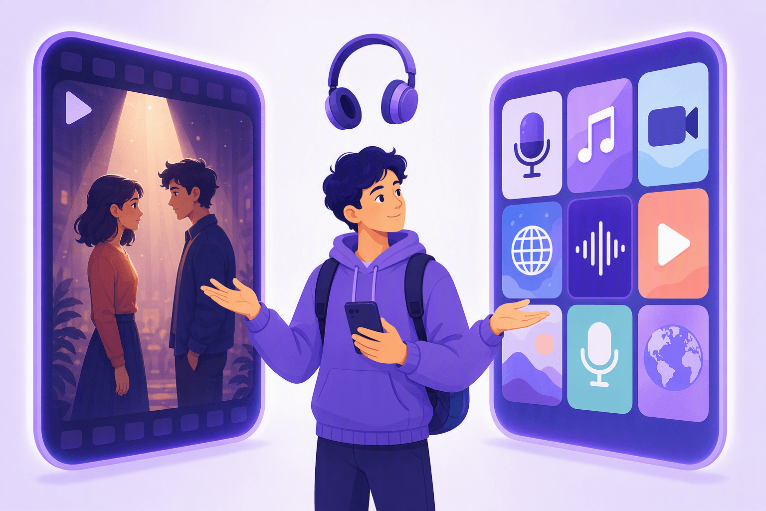 A learner with a backpack stands between two tall glowing panels and gestures at each one: the left panel is a single film frame holding one cinematic scene where two characters stand face to face under a spotlight, the right panel is a grid of small mixed media tiles carrying a microphone, a music note, a video camera, a globe, a sound wave and a play triangle, with headphones floating above