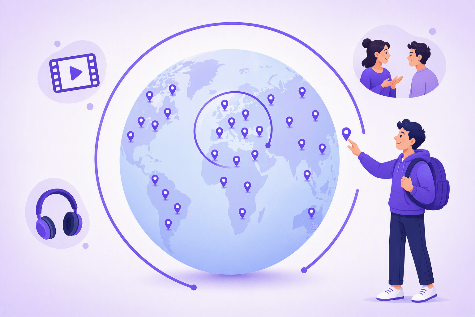 A globe covered in map pins, ringed by two arcs: a short inner arc that encloses only a small cluster of pins and a much longer outer arc that sweeps almost all the way around and takes in many more, while a learner with a backpack reaches toward a single pin that sits outside the short arc but inside the long one, with a film frame, headphones and two characters facing each other floating nearby
