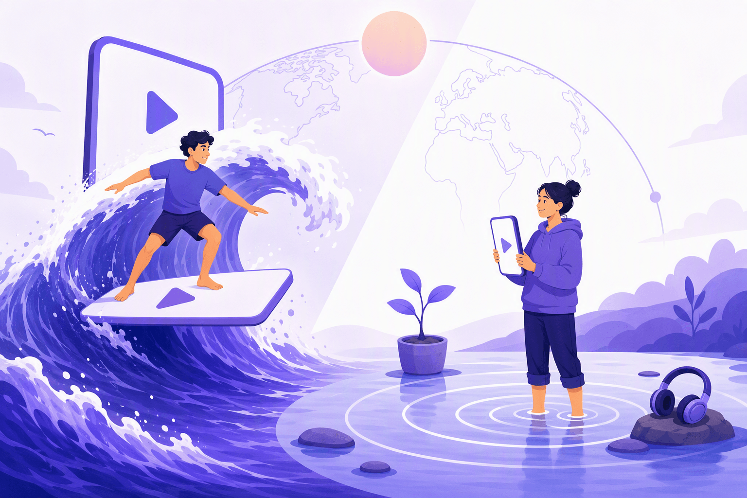 A wide scene split by a soft diagonal: on the left a confident surfer rides a towering wave on a board shaped like a landscape video panel with a play triangle, a large screen frame rising behind the crest like a sail, and on the right a relaxed learner stands ankle deep in a calm shallow pool holding a small upright phone panel with a play triangle, with spreading ripples, a potted sprout and headphones resting on a rock, a sun and a thin globe outline arcing across both halves