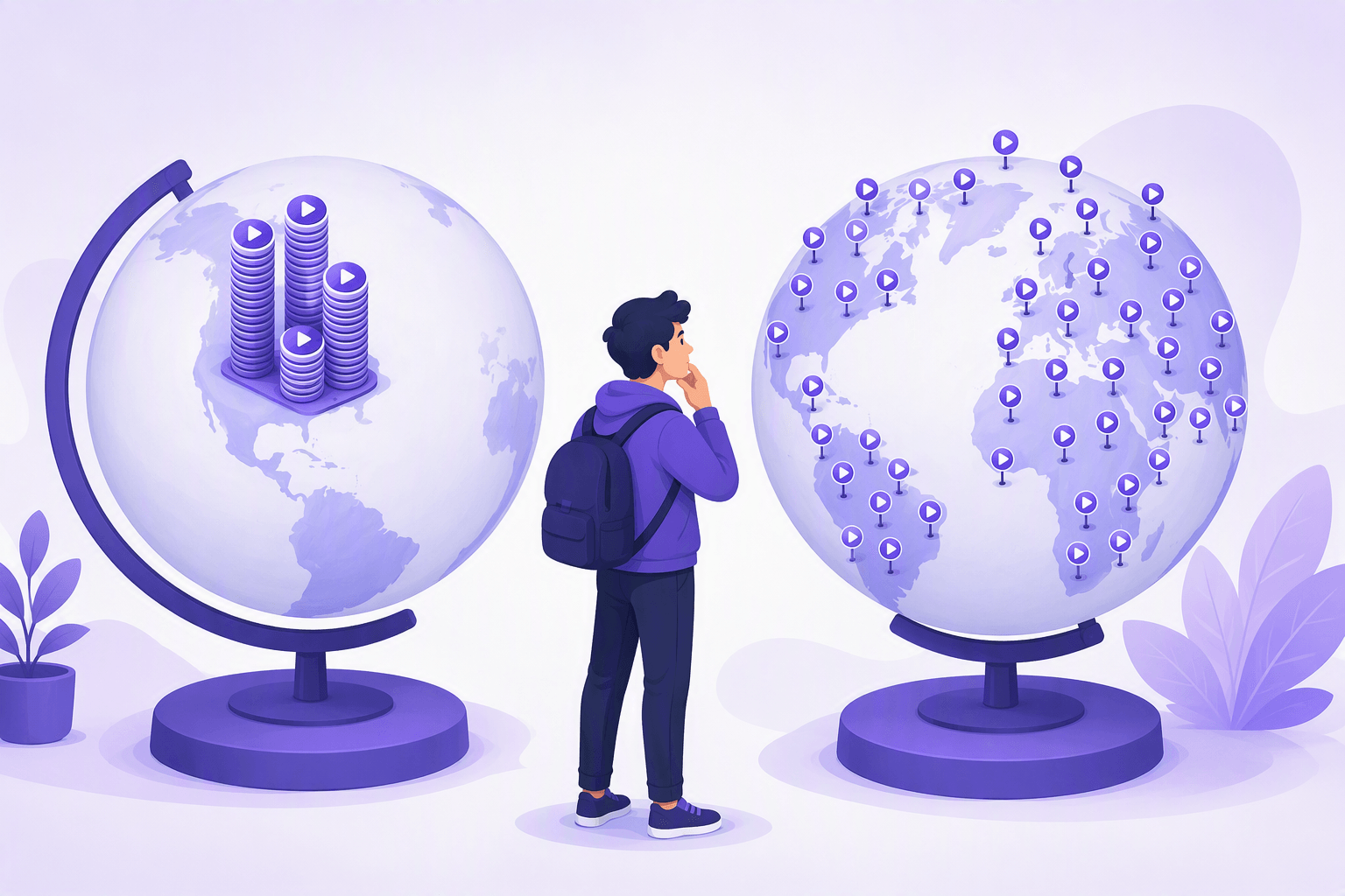Two globes on rounded pedestals side by side: the left globe carries a few very tall stacked columns of media discs topped with play triangles crowded over one small cluster of continents while the rest of its surface stays bare, the right globe is covered evenly with many short pins each topped by a small play triangle badge across every continent, and a learner with a backpack stands between them with a hand on the chin, turned toward the evenly covered globe