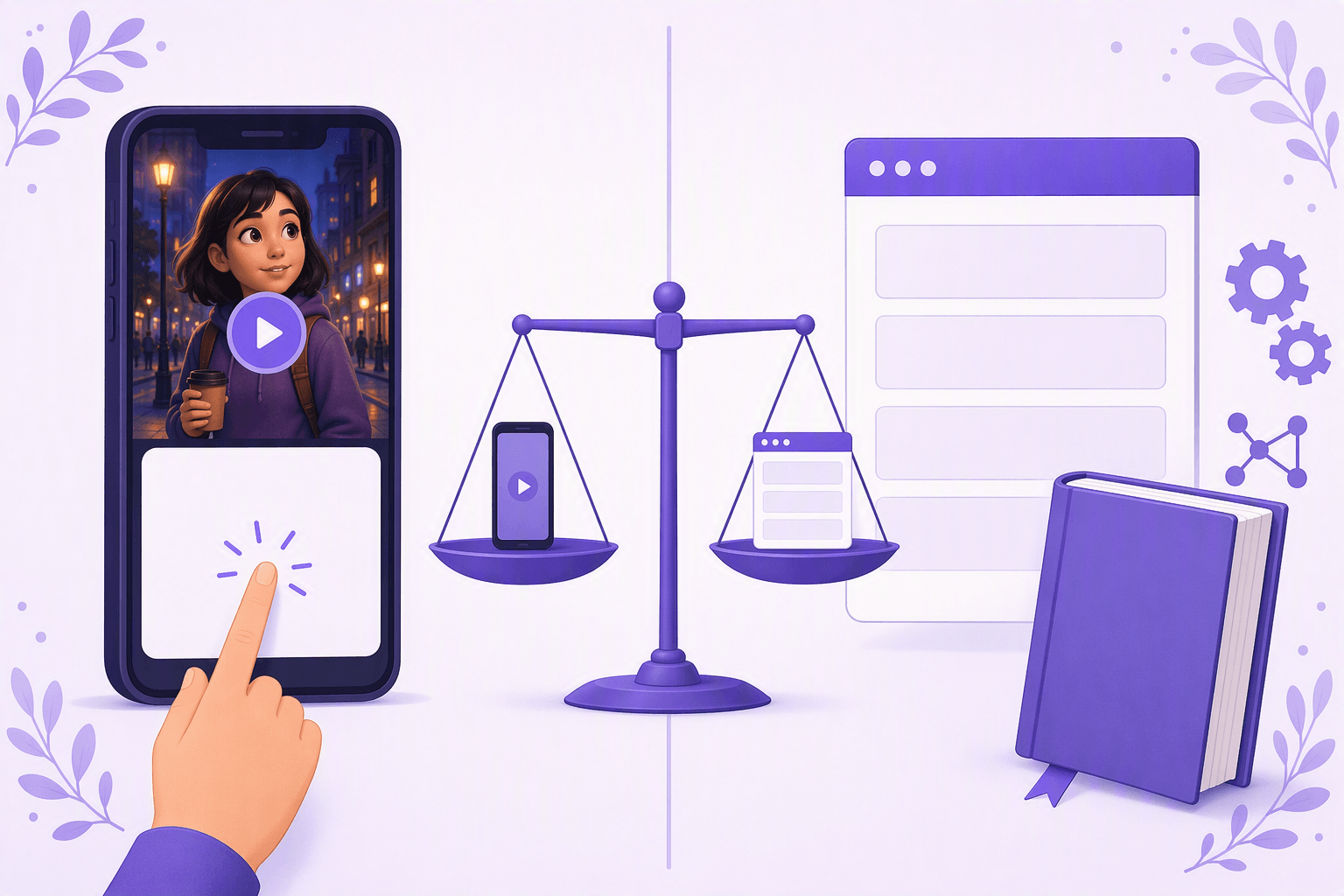 Split-screen illustration weighing two approaches on a balanced scale: a phone playing a curated movie clip with tap-to-translate on one side, and a desktop browser with flashcards, dictionaries, and configuration gears on the other