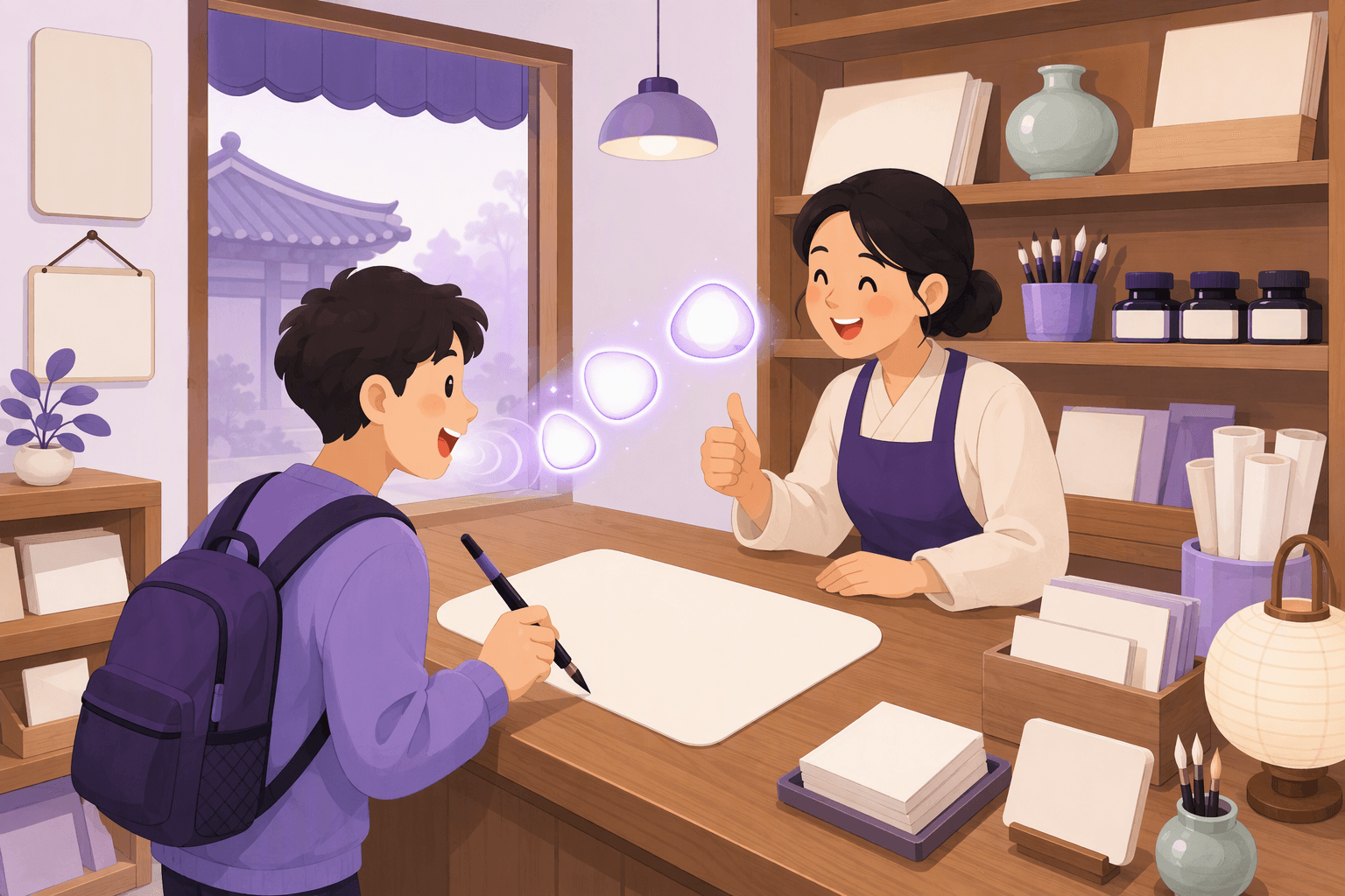 A traveller at the counter of a Korean stationery shop holding a brush pen over a blank card, with three glowing rounded shapes rising from the sound of the spoken name while the shopkeeper gives an encouraging thumbs up