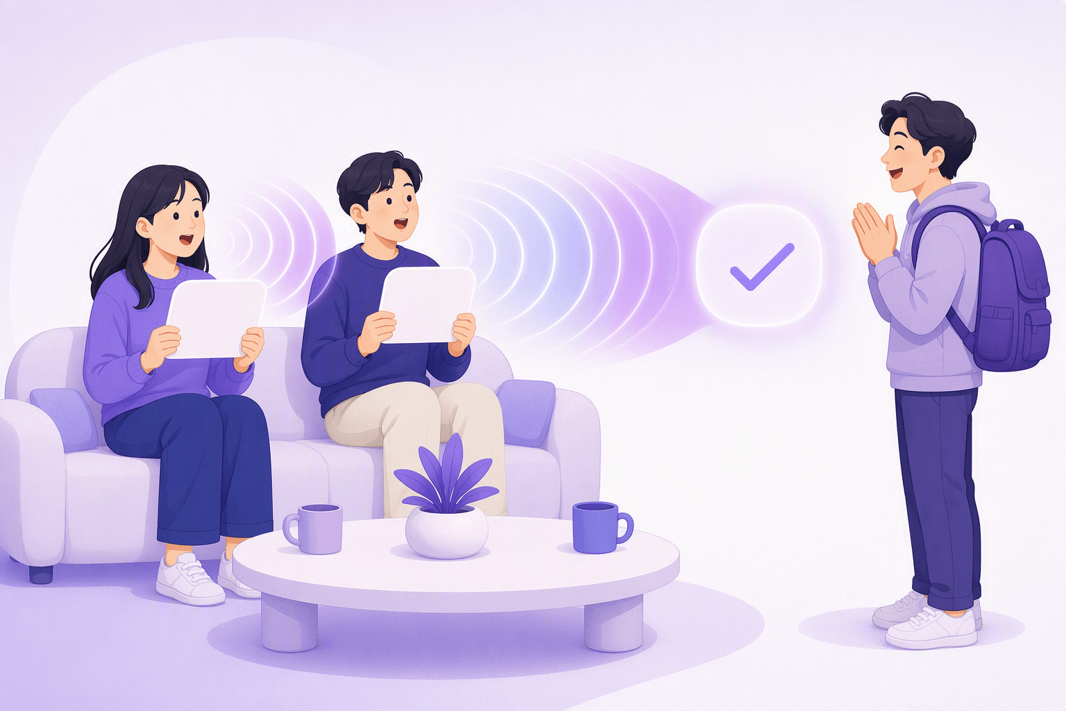 Two friends on a sofa each reading aloud from an identical blank card, their sound ripples merging into a single glowing shape with a check icon, while a delighted traveller listens and claps