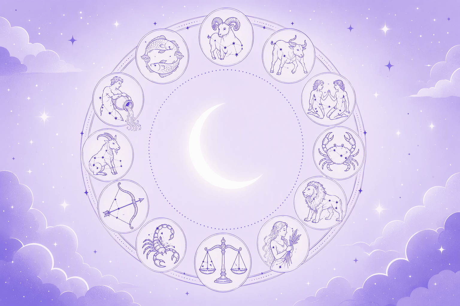 Ring of the twelve zodiac signs drawn as line-art medallions, from the ram to the two fish, circling a glowing crescent moon in a starry lavender sky